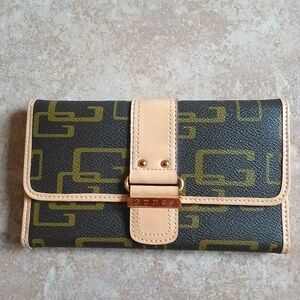 Guess Brown and Tan Wallet With Gold Hardware
